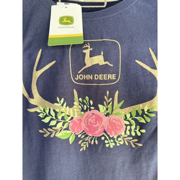 JOHN DEERE NAVY BLUE WOMENS  Large SHIRT PINK ROSE FLOWERS ANTLERS Brand New Tag - Picture 3 of 5